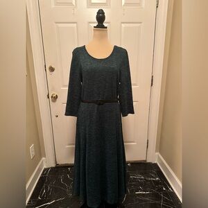Nina Leonard Heather Green belted 3/4 Sleeve midi Dress